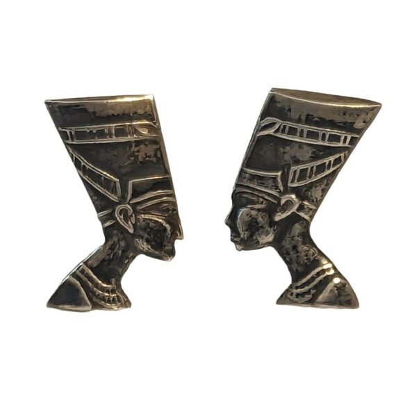 Vintage Egyptian Sterling Silver Cufflinks Nefertiti Egyptian Revival Whale Back - Picture 1 of 9